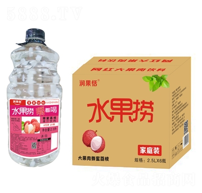 潤果恬水果撈大果肉蜂蜜荔枝果汁飲料家庭裝2.5LX6瓶