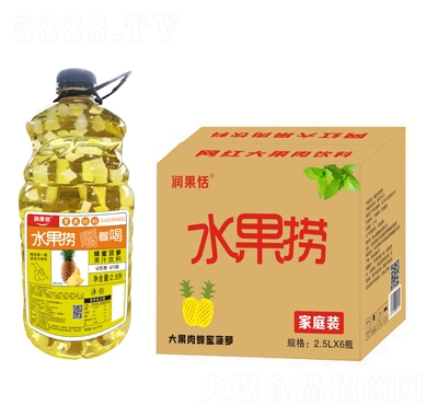 潤果恬水果撈大果肉蜂蜜菠蘿果汁飲料家庭裝2.5LX6瓶